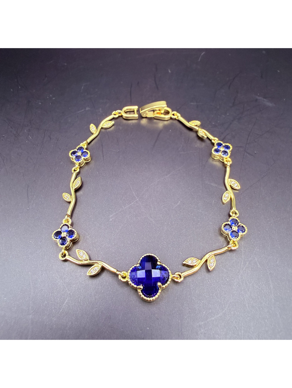 candy+clover large blue crystal clover floral vine gold tone bracelet